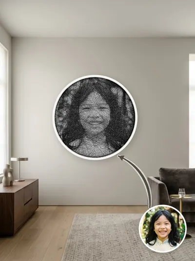Tranh chỉ chân dung đen trắng — sáng tối tạo bởi mật độ sợi chồng nhau — mẫu 151