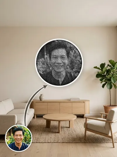 Tranh chân dung quấn tay từ một sợi chỉ quanh 240 chiếc đinh, treo trang trí trên tường — mẫu 122