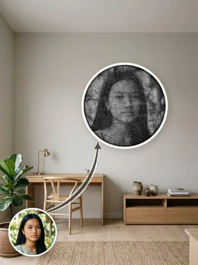 String art chân dung làm theo yêu cầu từ ảnh khách, treo tường phòng khách — mẫu 142