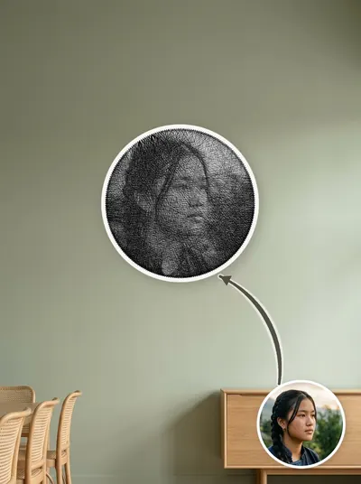 Tranh chân dung quấn tay từ một sợi chỉ quanh 240 chiếc đinh, treo trang trí trên tường — mẫu 18