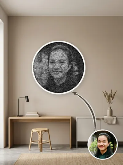 Tranh chỉ chân dung khung tròn 50cm, đặt cạnh ảnh gốc để so sánh — mẫu 196