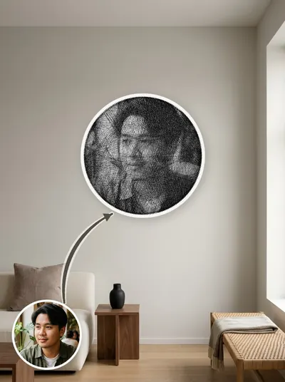 Tranh chân dung quấn tay từ một sợi chỉ quanh 240 chiếc đinh, treo trang trí trên tường — mẫu 114