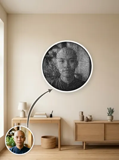 Tranh chỉ chân dung đen trắng — sáng tối tạo bởi mật độ sợi chồng nhau — mẫu 215