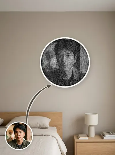 Tranh chân dung quấn tay từ một sợi chỉ quanh 240 chiếc đinh, treo trang trí trên tường — mẫu 2