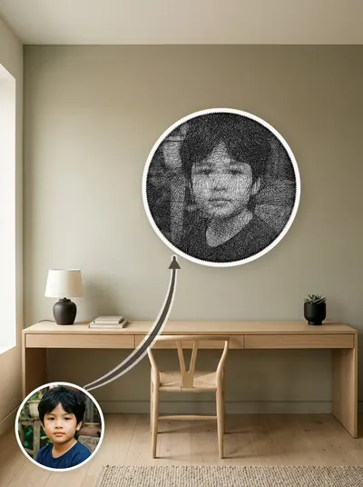 Tranh chỉ chân dung đen trắng — sáng tối tạo bởi mật độ sợi chồng nhau — mẫu 199