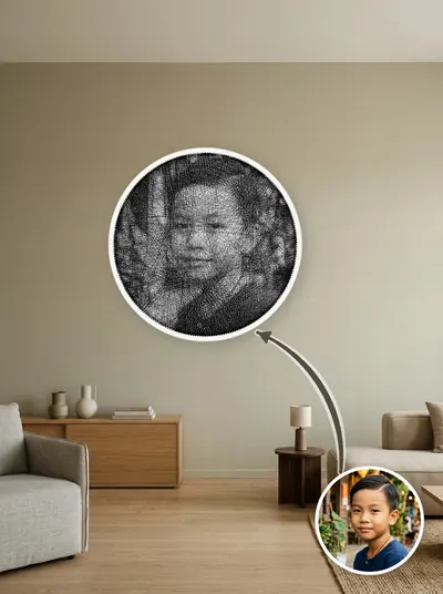 Tranh sợi chỉ chân dung thủ công trên khung gỗ tròn màu trắng — mẫu 157