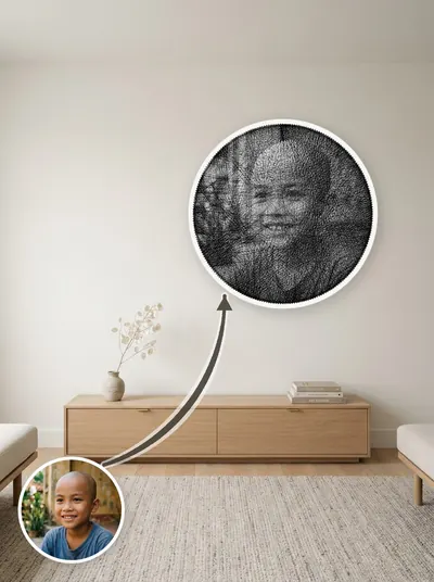 Tranh chỉ chân dung đen trắng — sáng tối tạo bởi mật độ sợi chồng nhau — mẫu 95