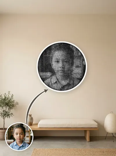 Tranh chỉ chân dung khung tròn 50cm, đặt cạnh ảnh gốc để so sánh — mẫu 68