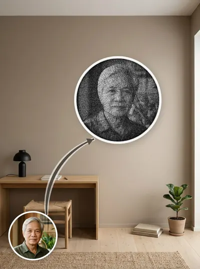 Tranh sợi chỉ chân dung thủ công trên khung gỗ tròn màu trắng — mẫu 37