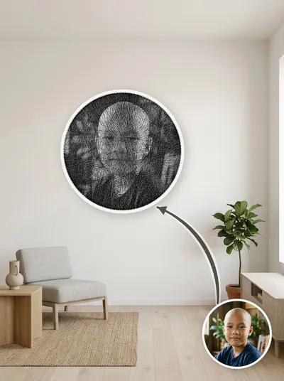 Tranh chân dung quấn tay từ một sợi chỉ quanh 240 chiếc đinh, treo trang trí trên tường — mẫu 58