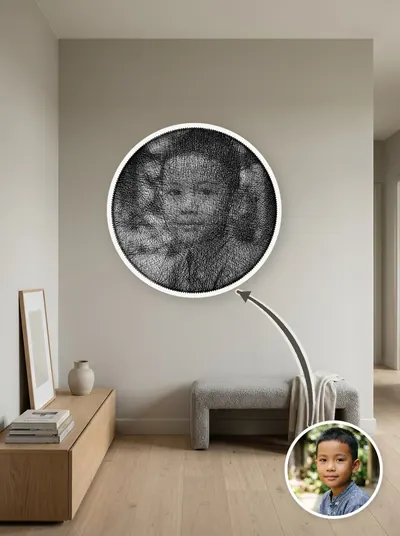 Tranh chân dung quấn tay từ một sợi chỉ quanh 240 chiếc đinh, treo trang trí trên tường — mẫu 10