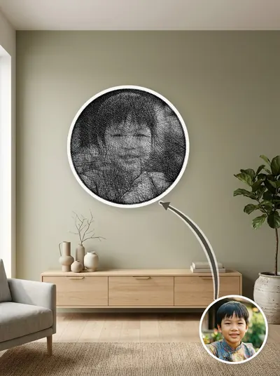 Tác phẩm tranh chỉ chân dung độc bản trong không gian nội thất — mẫu 3