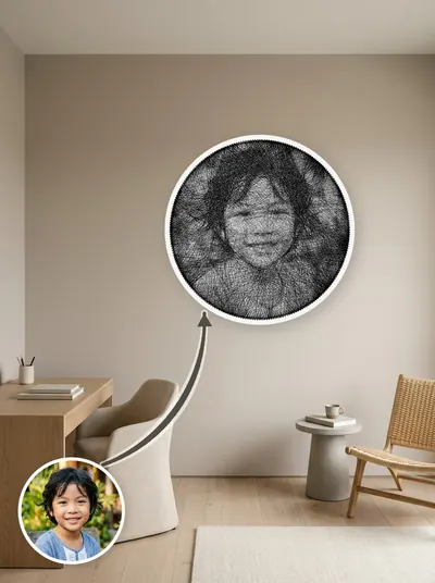 Tranh chân dung quấn tay từ một sợi chỉ quanh 240 chiếc đinh, treo trang trí trên tường — mẫu 74