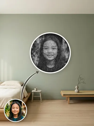 Tranh sợi chỉ chân dung thủ công trên khung gỗ tròn màu trắng — mẫu 101
