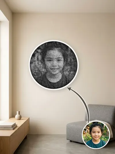Tranh chỉ chân dung đen trắng — sáng tối tạo bởi mật độ sợi chồng nhau — mẫu 223