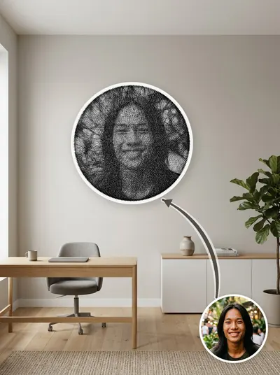 Tranh chỉ chân dung khung tròn 50cm, đặt cạnh ảnh gốc để so sánh — mẫu 20