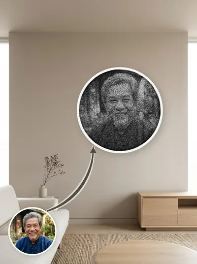 Tranh chỉ chân dung khung tròn 50cm, đặt cạnh ảnh gốc để so sánh — mẫu 44