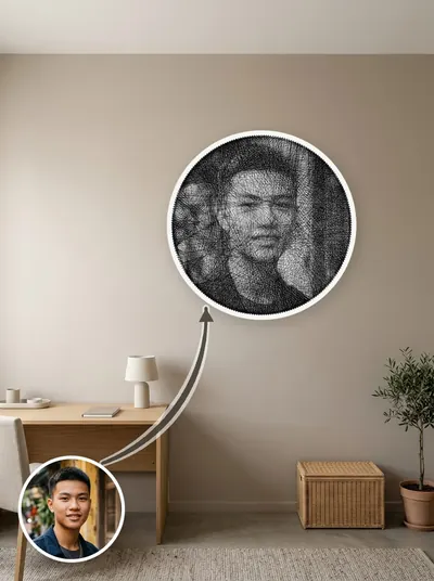 Tranh chỉ chân dung đen trắng — sáng tối tạo bởi mật độ sợi chồng nhau — mẫu 231