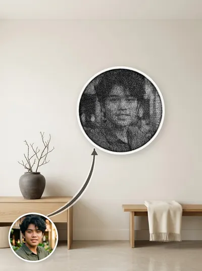 Tranh chỉ chân dung khung tròn 50cm, đặt cạnh ảnh gốc để so sánh — mẫu 36