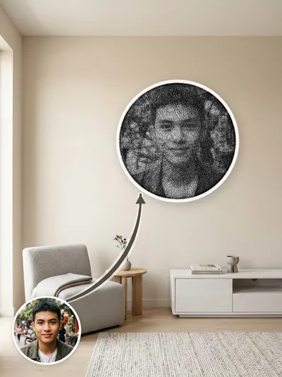 Tranh chỉ chân dung khung tròn 50cm, đặt cạnh ảnh gốc để so sánh — mẫu 60