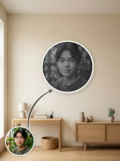 Tranh chỉ chân dung đen trắng — sáng tối tạo bởi mật độ sợi chồng nhau — mẫu 159