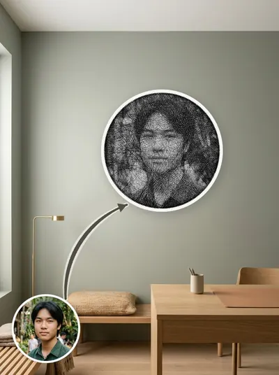 Tranh chỉ chân dung đen trắng — sáng tối tạo bởi mật độ sợi chồng nhau — mẫu 167