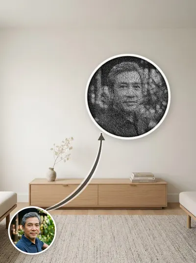 Tranh chân dung quấn tay từ một sợi chỉ quanh 240 chiếc đinh, treo trang trí trên tường — mẫu 186