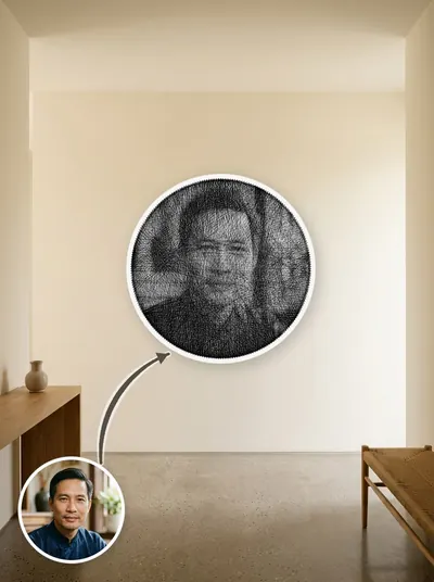 Tranh chỉ chân dung khung tròn 50cm, đặt cạnh ảnh gốc để so sánh — mẫu 172