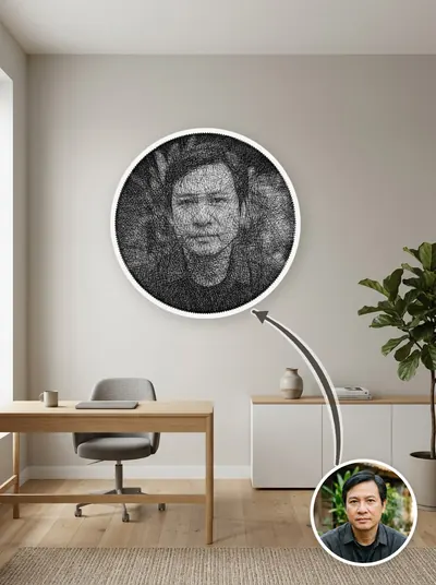 Tranh chỉ chân dung khung tròn 50cm, đặt cạnh ảnh gốc để so sánh — mẫu 116