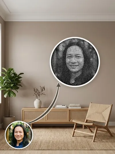 Tranh chân dung quấn tay từ một sợi chỉ quanh 240 chiếc đinh, treo trang trí trên tường — mẫu 162