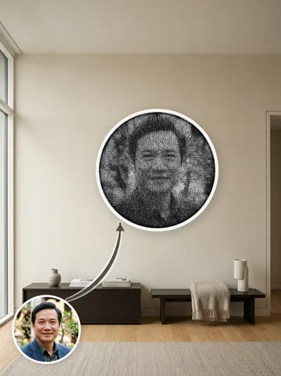 Tranh sợi chỉ chân dung thủ công trên khung gỗ tròn màu trắng — mẫu 21