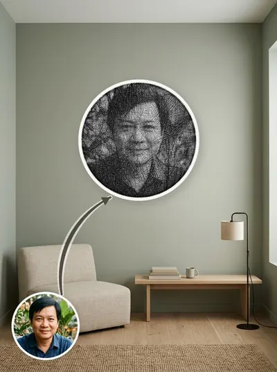 Tranh chỉ chân dung khung tròn 50cm, đặt cạnh ảnh gốc để so sánh — mẫu 164
