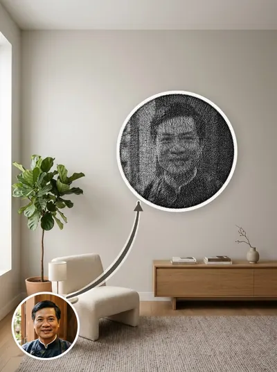 Tranh chân dung thủ công bằng chỉ, khung tròn trang trí nội thất — mẫu 104