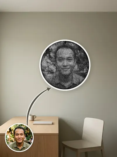 Tranh chỉ chân dung đen trắng — sáng tối tạo bởi mật độ sợi chồng nhau — mẫu 7