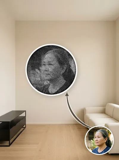 Tranh sợi chỉ chân dung thủ công trên khung gỗ tròn màu trắng — mẫu 205