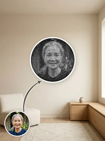 Tranh chỉ chân dung đen trắng — sáng tối tạo bởi mật độ sợi chồng nhau — mẫu 207