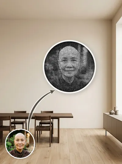 Tranh sợi chỉ chân dung thủ công trên khung gỗ tròn màu trắng — mẫu 149