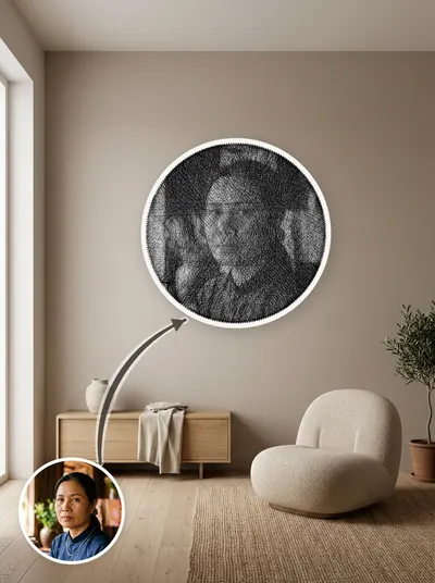 Tranh chỉ chân dung khung tròn 50cm, đặt cạnh ảnh gốc để so sánh — mẫu 76