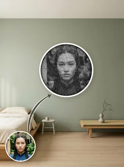 Tranh chỉ chân dung đen trắng — sáng tối tạo bởi mật độ sợi chồng nhau — mẫu 183