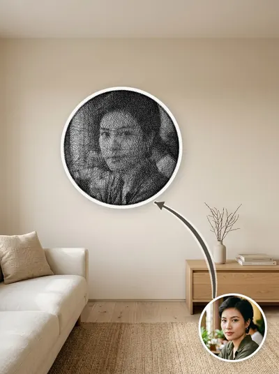 Tranh chỉ chân dung khung tròn 50cm, đặt cạnh ảnh gốc để so sánh — mẫu 92