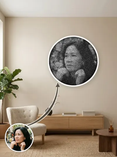 String art chân dung làm theo yêu cầu từ ảnh khách, treo tường phòng khách — mẫu 174