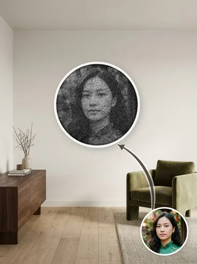Tranh chân dung quấn tay từ một sợi chỉ quanh 240 chiếc đinh, treo trang trí trên tường — mẫu 98
