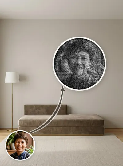 Tranh chỉ chân dung khung tròn 50cm, đặt cạnh ảnh gốc để so sánh — mẫu 124