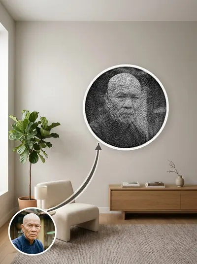 Tranh chỉ chân dung đen trắng — sáng tối tạo bởi mật độ sợi chồng nhau — mẫu 23