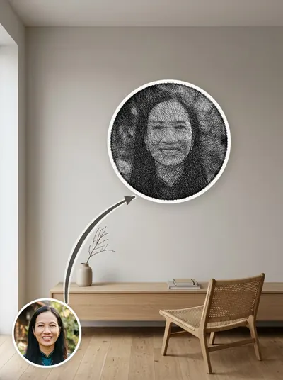 Tranh chỉ chân dung đen trắng — sáng tối tạo bởi mật độ sợi chồng nhau — mẫu 111