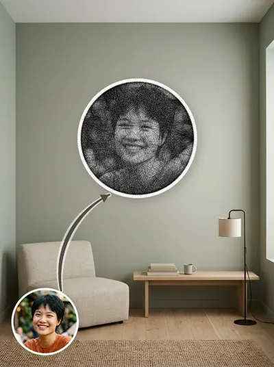 Tranh chân dung quấn tay từ một sợi chỉ quanh 240 chiếc đinh, treo trang trí trên tường — mẫu 146