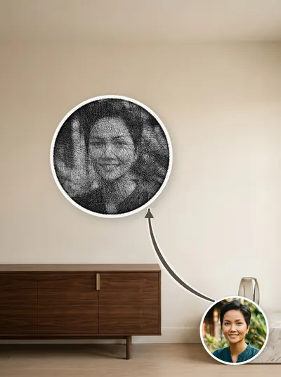 Tranh chỉ chân dung khung tròn 50cm, đặt cạnh ảnh gốc để so sánh — mẫu 180