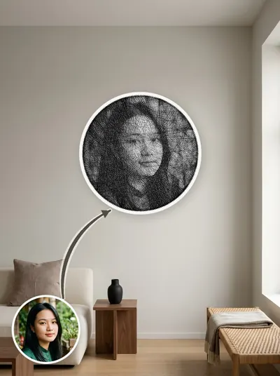 Tranh chỉ chân dung đen trắng — sáng tối tạo bởi mật độ sợi chồng nhau — mẫu 39