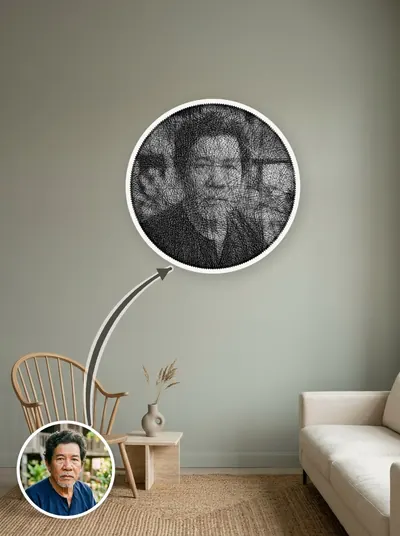 Tranh sợi chỉ chân dung thủ công trên khung gỗ tròn màu trắng — mẫu 77