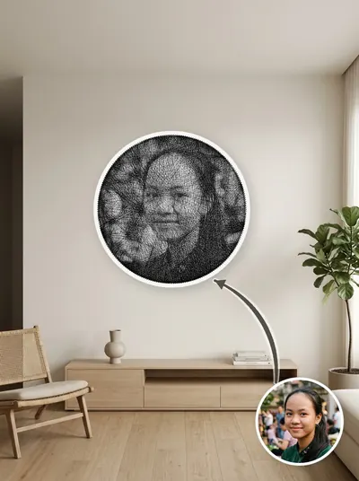 Tranh chân dung quấn tay từ một sợi chỉ quanh 240 chiếc đinh, treo trang trí trên tường — mẫu 82